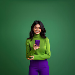 Poster - indian girl wearing bright color turtle neck sweater top holding smartphone with both hands