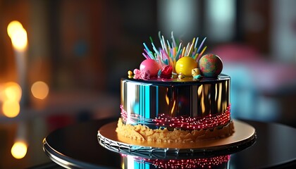 Futuristic birthday cake with a reflective surface showcasing vibrant colors and intricate designs