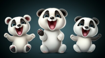 Charming trio of 3d cartoon panda bears, cheerfully isolated on a white background