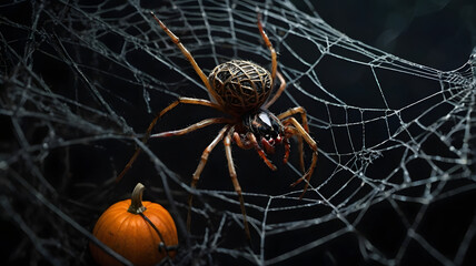 Wall Mural - October Chills: Spider Weaving Its Web on a Pumpkin