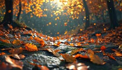 Wall Mural - Cinematic 3D Autumn Forest with Discount Projections on Falling Leaves in Ultra HD Realism