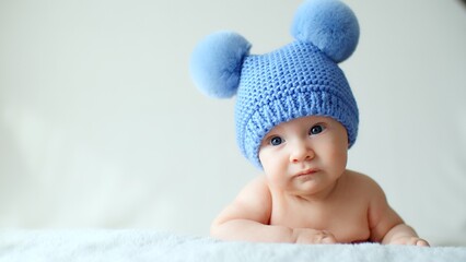 A calm newborn baby in a blue hat with pompoms looks into the camera. A sweet two-month-old infant is lying on a blanket. A beautiful, cute little child with blue eyes looks into the camera. .