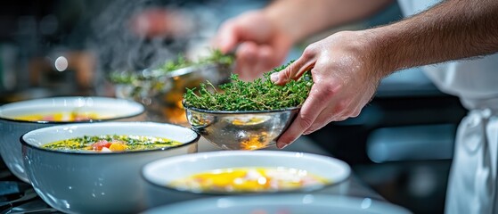 A chef garnishing hot soup bowls with fresh herbs, showcasing culinary artistry and vibrant flavors in a modern kitchen setting.