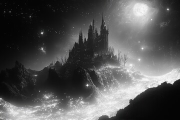 Dramatic black and white fantasy landscape with a castle or palace on top of a towering mountain