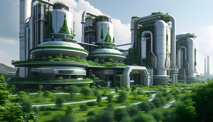 Eco-friendly futuristic factory design promoting sustainability and a zero carbon future in a green environment