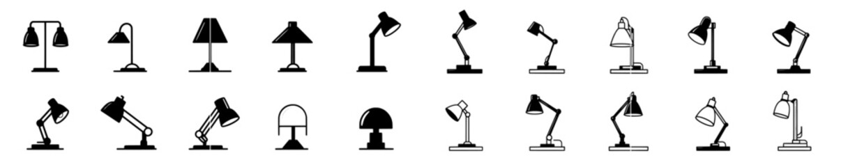 Set of desk lamp and table lamp icons. Ideal for logo design, applications, templates, and user interfaces.