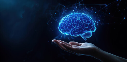 Poster - Hand holding digital hologram of human brain representing artificial intelligence