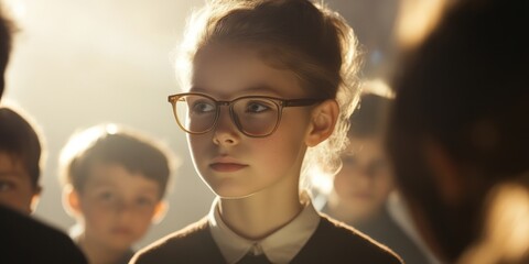 Wall Mural - a thoughtful girl wearing glasses stands in a group of children. the soft lighting highlights her se
