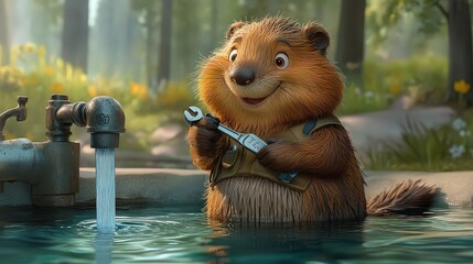  Adorable beaver holding wrench while standing by water tap in forest, smiling playfully. A charming scene blending nature and whimsy in a fun, animated style.