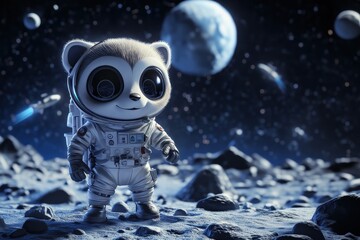 Space raccoon on surface of the moon, cartoon 3D illustration