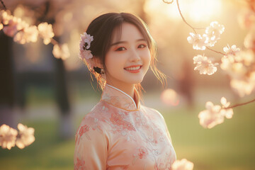 portrait of a young and beautiful chinese woman, wearing traditional chinese qipao, smiling, cherry blossom theme, warm sunlight flare, concept of woman day and chinese new year background