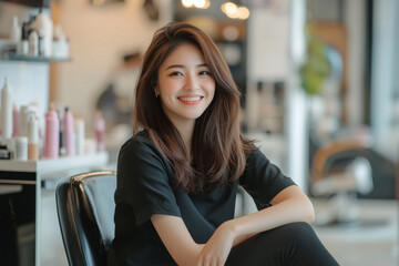 Asian customer sitting in hair salon. Happy business owner in her beauty salon. SME, entrepreneur