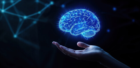 Aufkleber - Futuristic holographic brain above open hand