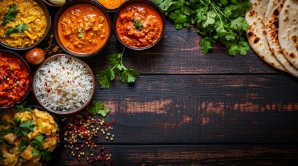 Wall Mural - Indian food and spices on rustic wooden table with copy space.