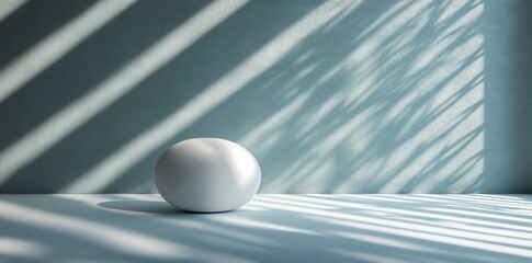 Wall Mural - White sphere on a blue surface with diagonal sunlight shadows.