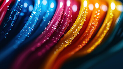 Poster - A vibrant close-up of colorful, curved plastic surfaces adorned with droplets of water, creating a striking visual effect with rich hues and textures.