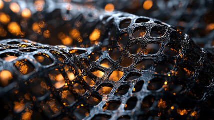 Poster - A captivating close-up of a black mesh fabric, illuminated by warm orange highlights, showcasing intricate patterns and a dynamic interplay of light and shadow.