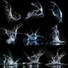 Fototapete - Water splashes against a black backdrop, capturing liquid dynamics in a series of abstract shapes.