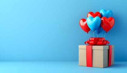 Wall Mural - Heart-shaped balloon and gift box display on vibrant blue background, perfect for celebration and romantic occasions