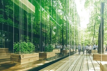 A contemporary glass building featuring hanging garden planters, blending natural greenery with modern architecture in an urban environment.