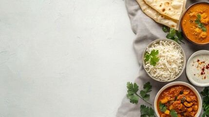 Wall Mural - Indian food on white background with copy space.