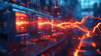 Poster - A vivid display of electric current surging through machinery, with bright orange sparks and a blue backdrop, illustrating the dynamic power of electricity.