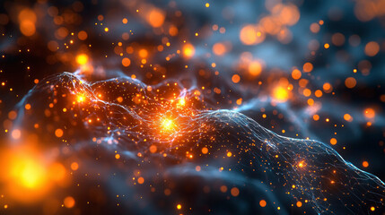 Poster - A mesmerizing visualization of electric current, featuring glowing orange sparks and intricate blue lines against a dark background, illustrating energy in motion.