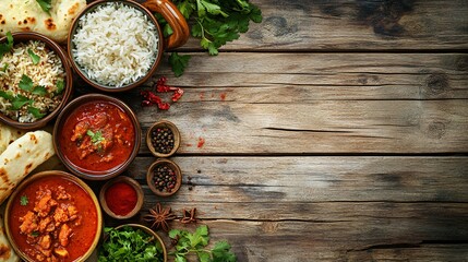 Wall Mural - Indian food with curry, naan bread, rice and spices on rustic wooden background with copy space.