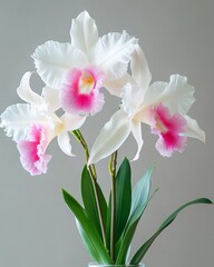  White and pink Cattleya orchid, with large leaves, growing in a vase, against a gray background, studio 