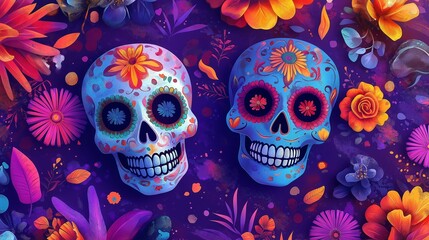 Day of the Dead skeleton figurines dancing on a flat purple background, representing the celebration.