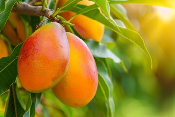  Fresh ripe mangoes on a tree, closeup 