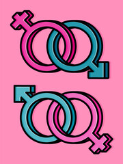 cartoon line style illustration of gender signs male and female are linked and reversed, symbolizing antipatriarchy. Clip art can be used for t shirt, clothing, print, banner, invitation, sticker