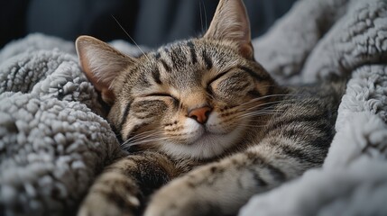 Sticker - A cozy tabby cat peacefully sleeping on a soft blanket in a warm, comfortable indoor setting during the afternoon