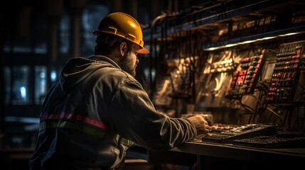 Engineer in hard hat and protective gear operates complex industrial control panel with screens