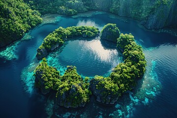 Canvas Print - Aerial View of a Lush Green Island Surrounded by a Crystal Clear Blue Lagoon in the Philippines