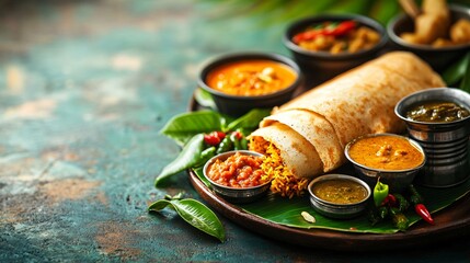 Wall Mural - Indian food, dosa with rice, chutney, and red pepper on wooden plate.