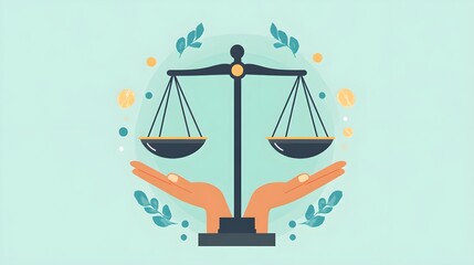 Wall Mural - A flat design illustration of hands holding balanced scales, symbolizing justice and morality, with the scales evenly balanced and set against a simple, clean background for a modern and clear 