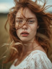 Wall Mural -  portrait of a young woman in field with wind blowing over her hair