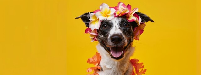  Cute dog with hawaiian costume yellow background . jack russel