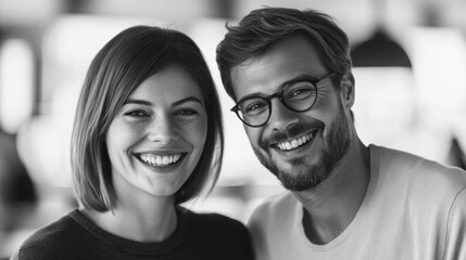 Wall Mural - grayscale image of two european people smiling together in a bright and modern office environment. 