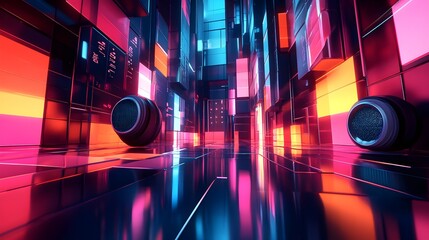 A visually striking 3D composition featuring abstract geometric forms integrated with music symbols, set against a high-tech backdrop with vivid colors and soft lighting effects 