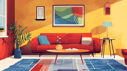 Wall Mural - Comfortable interior design, wall art and coffee table, flat design illustration