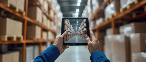 A person is holding a tablet in a warehouse, looking at a screen that shows a large number of boxes