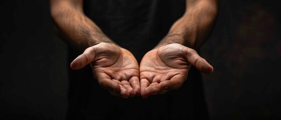 close up of male hands begging or holding something over black background 