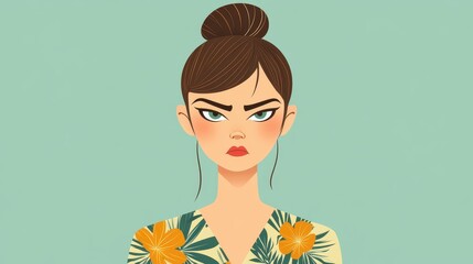 A cartoonstyle illustration of an angry woman wearing a floral dress, set against a clean backdrop for focus.