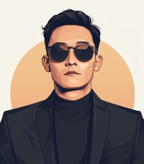 Canvas Print - A sleek cartoon of an Asian man in shades and a suit, featuring simple lines and detailed design in a retro style.