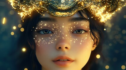 A stunning D portrait of a woman with a turtle adorned with constellations, set against a clean backdrop.