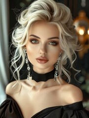 Wall Mural -  beautiful blonde woman in a black dress with updo hair, beauty portrait