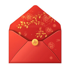 Beautiful red envelope with intricate floral designs, perfect for festive occasions and gifting money or cards.,trasparent background