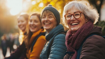 Friends enjoying a sunny afternoon in the park, smiling and laughing together near autumn foliage as the sun sets in the background